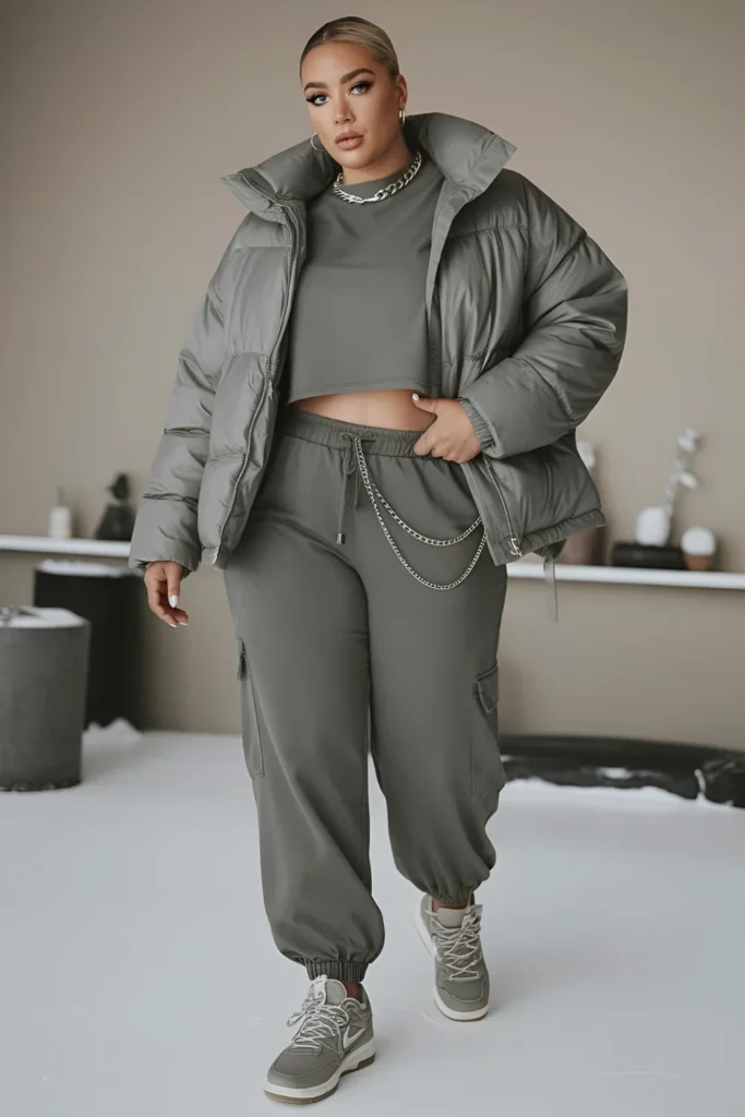 Winter Plus Size Cargo Joggers, Puffer Jacket, Cropped Tee Baddie Outfit