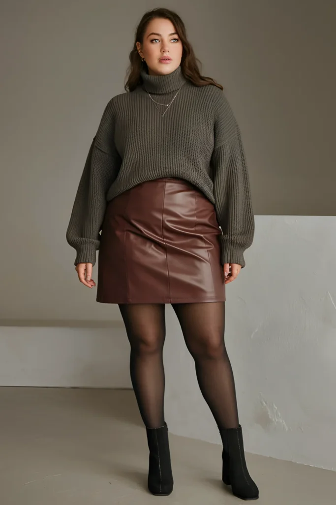 Winter Plus Size Faux Leather Mini Skirt With Turtleneck Sweater Baddie Outfit