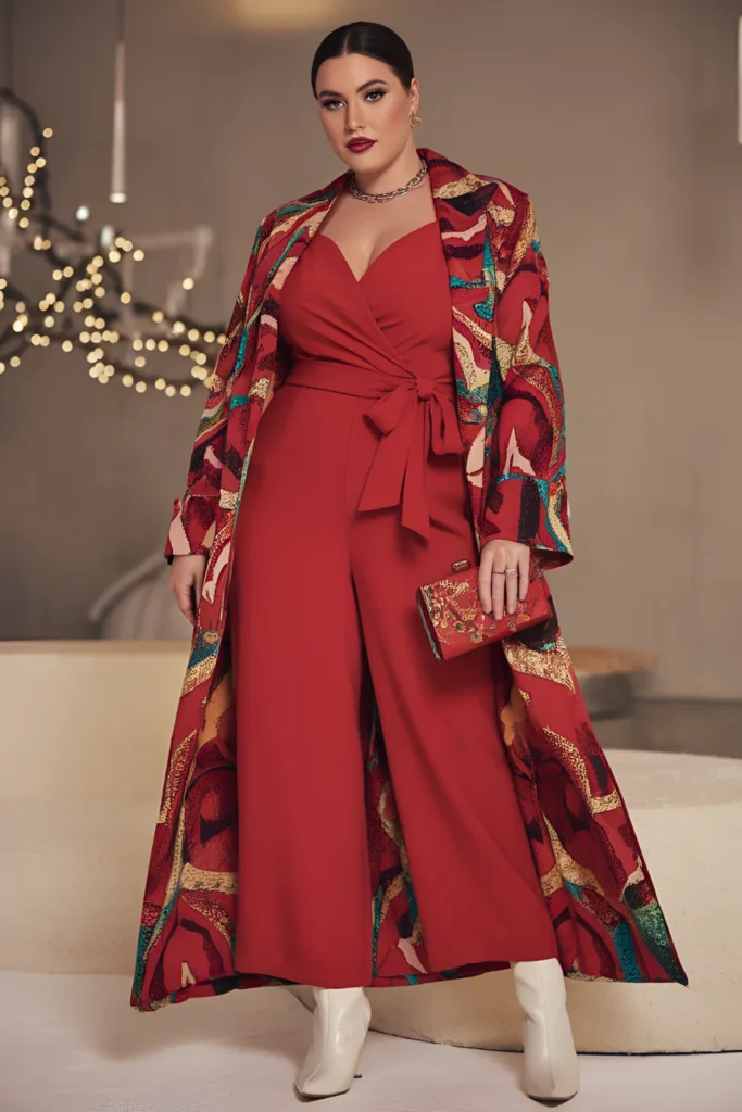 Winter Plus Size Holiday Party Bold Red Jumpsuit Baddie Outfit