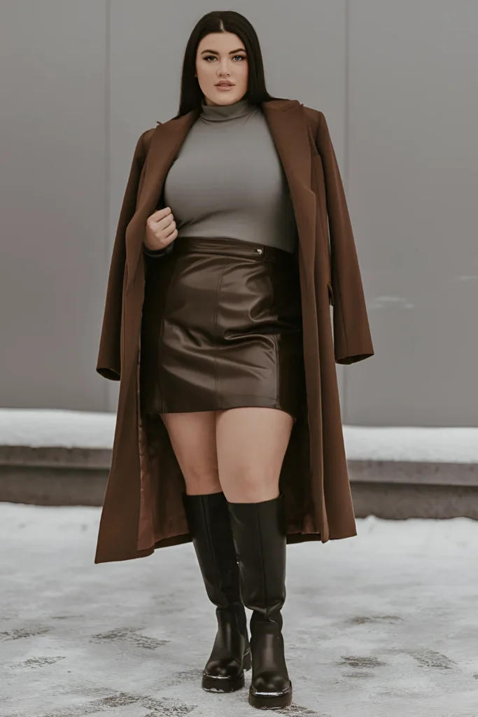 Winter Plus Size Leather Mini Skirt With Fitted Turtleneck Baddie Outfit