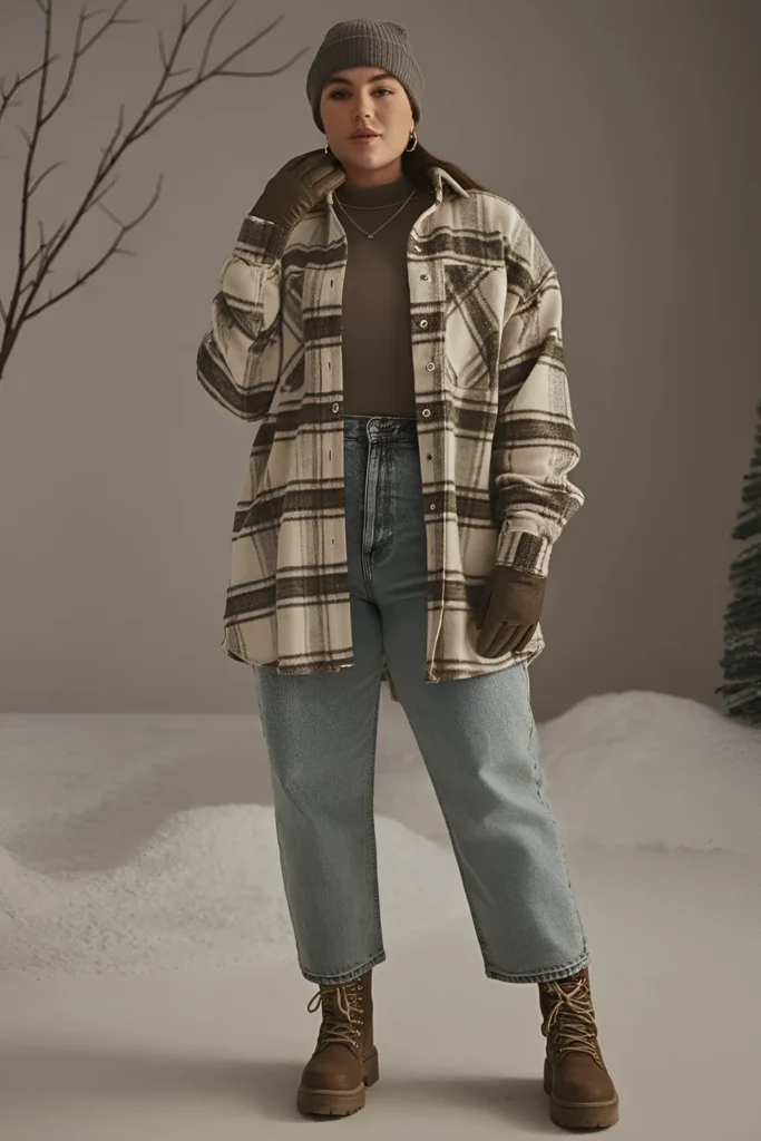 Winter Plus Size Oversized Flannel With High-waisted Jeans Baddie Outfit