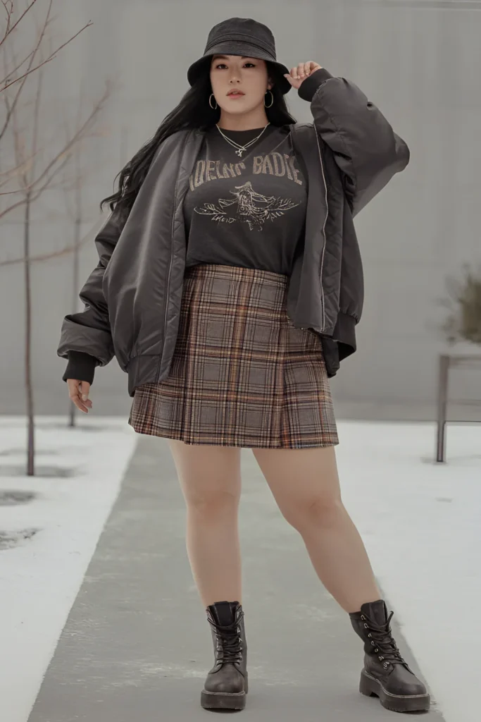 Winter Plus Size Plaid Mini Skirt, Oversized Graphic Tee, Bomber Jacket Baddie Outfit