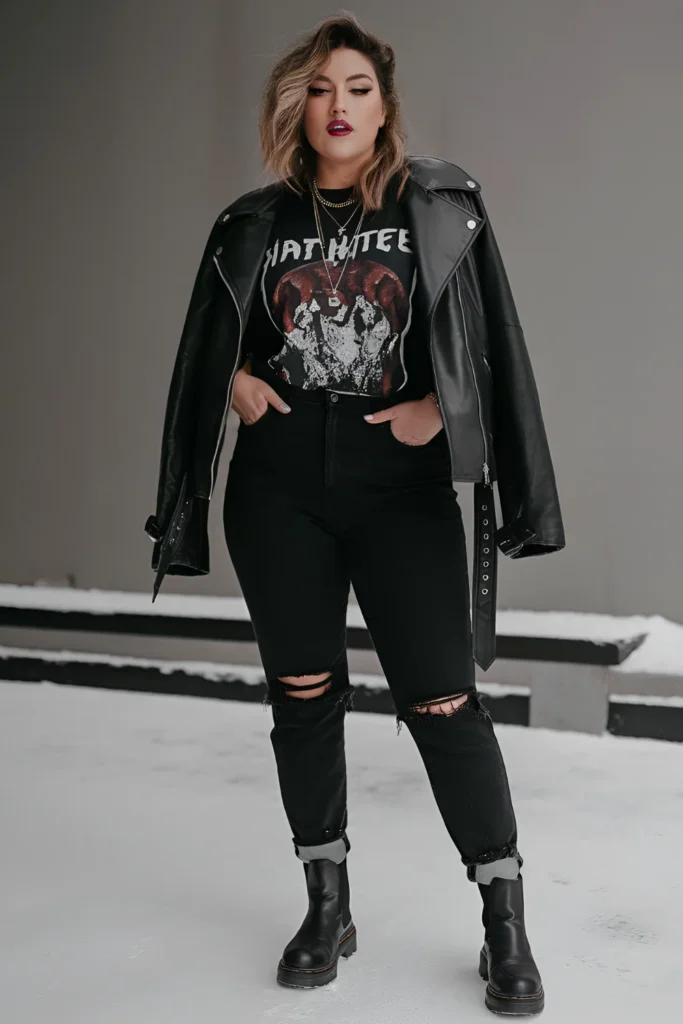 Winter Plus Size Ripped Black Jeans, Band Tee, Leather Jacket Baddie Outfit