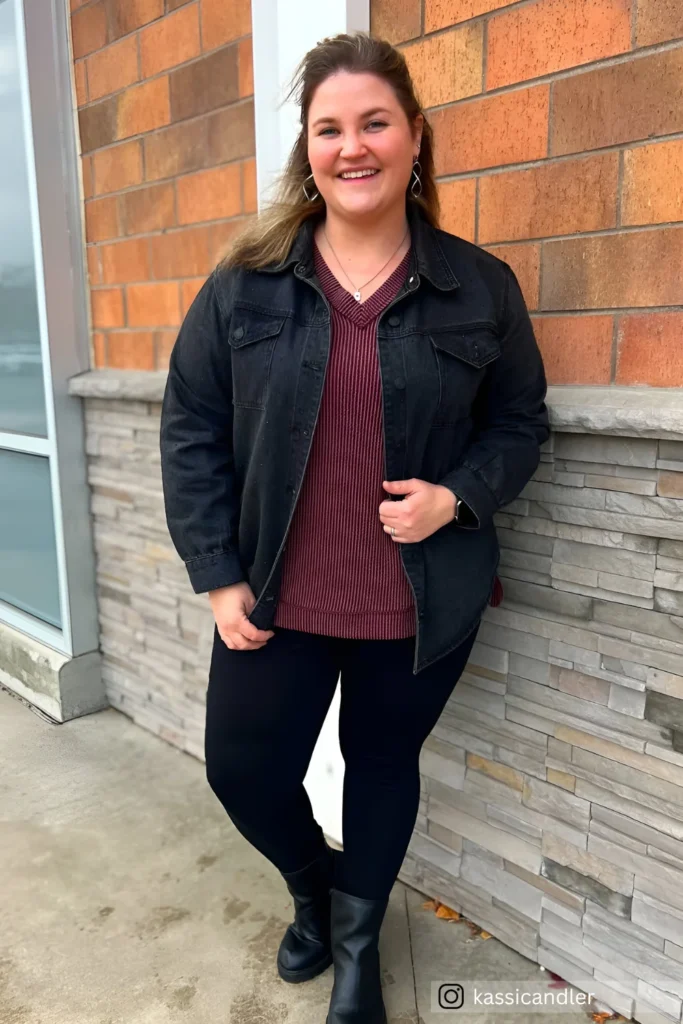 Black Denim Jacket With Cozy Maroon Sweater