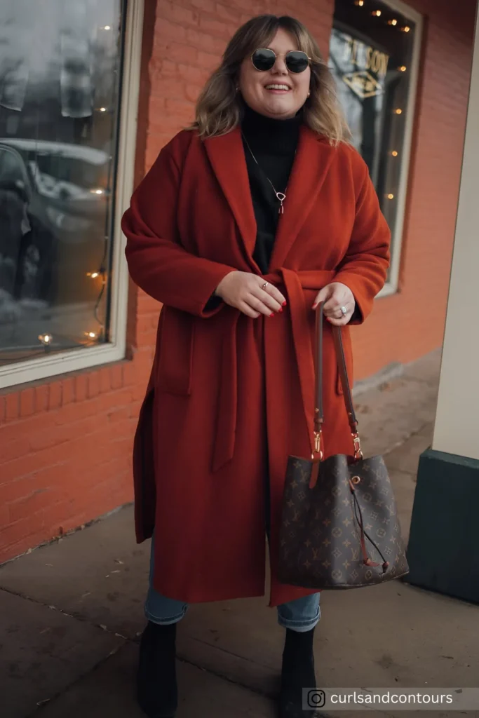 Bold Red Wrap Coat & Black Turtleneck