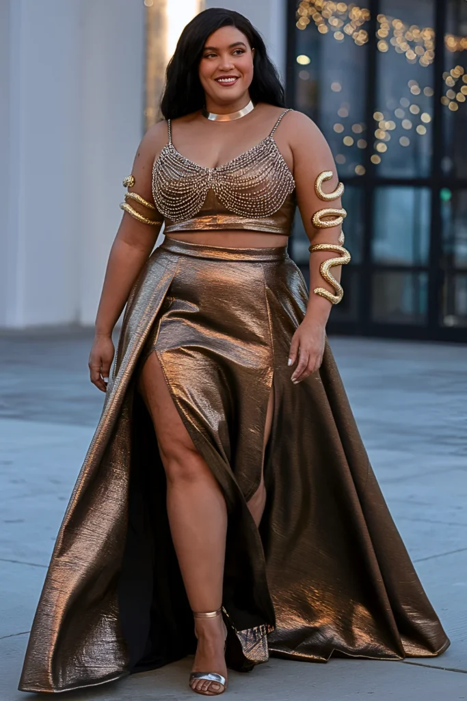 Bronze Metallic Beaded Crop Top & High-Waist Maxi Skirt