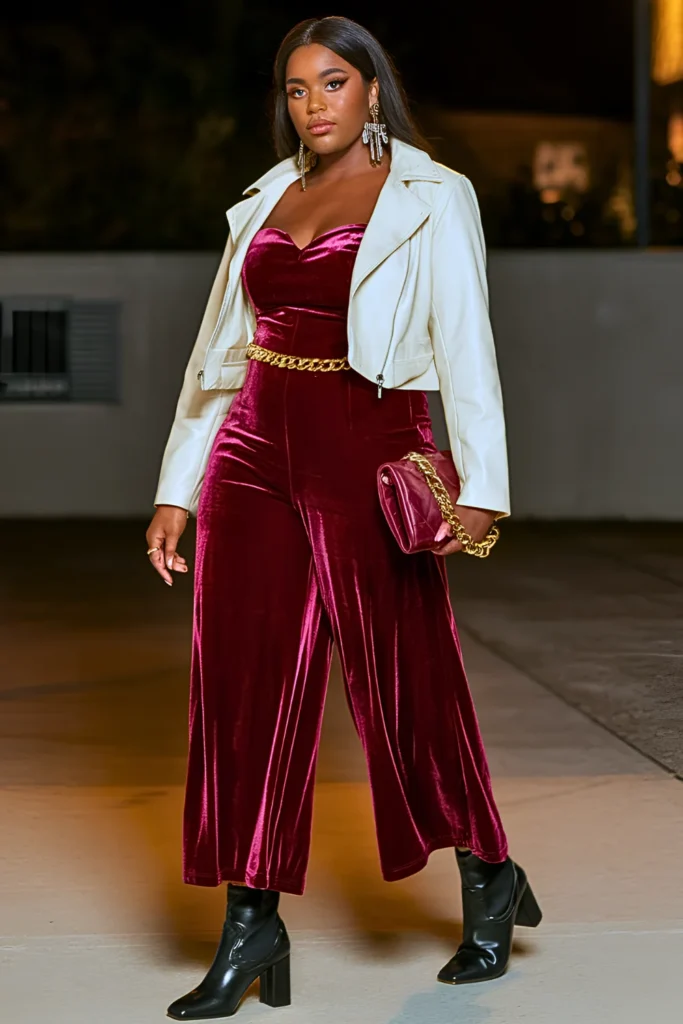 Burgundy Velvet Wide-Leg Jumpsuit with Cream Faux Jacket