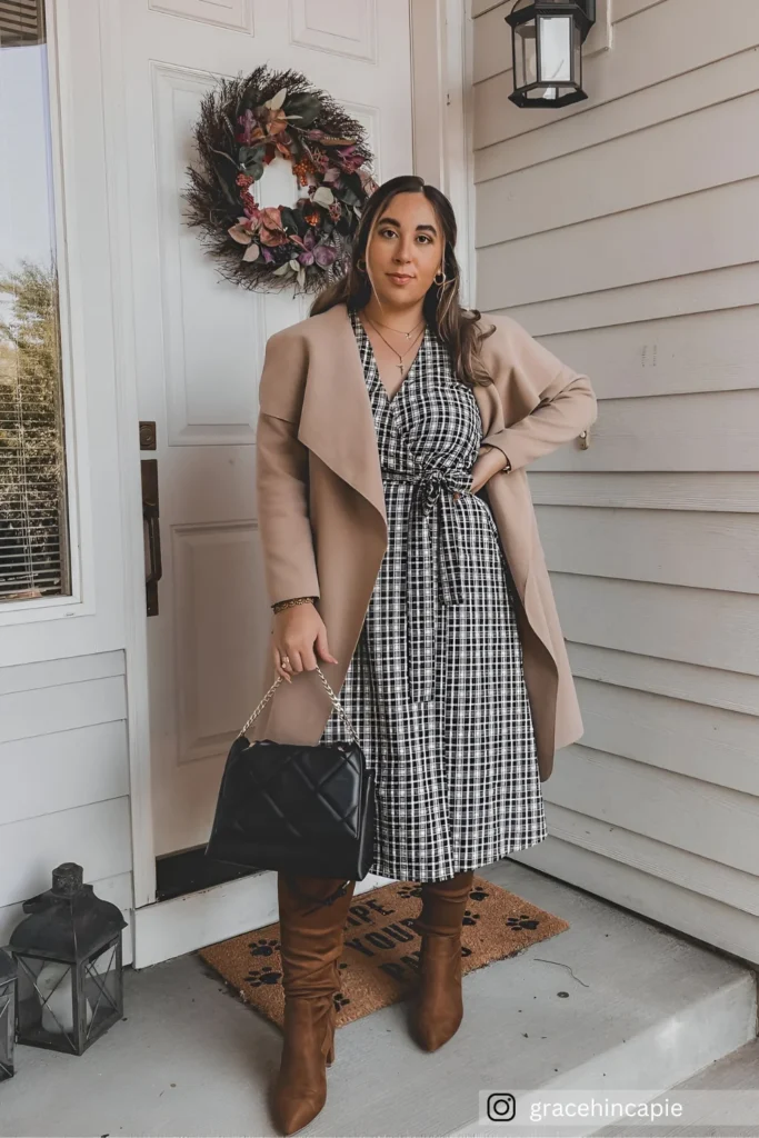 Camel Coat and Plaid Midi Dress