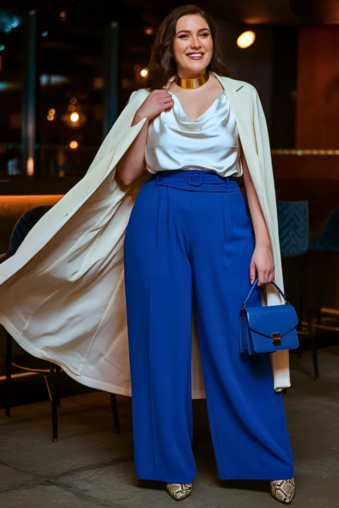 Cobalt Wide-Leg Trousers with White Cowl Neck and Cape Blazer