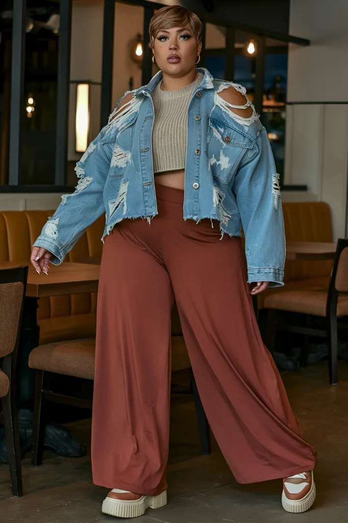 Denim Jacket with Wide-Leg Pants