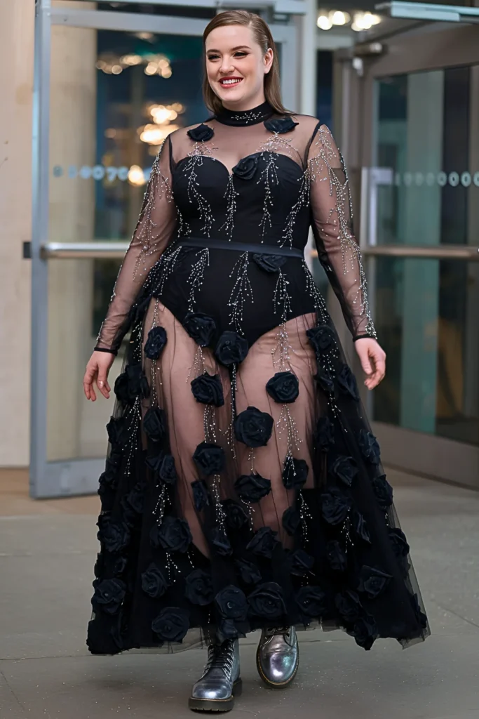 Midnight Black Mesh Gown With 3D Floral Appliques