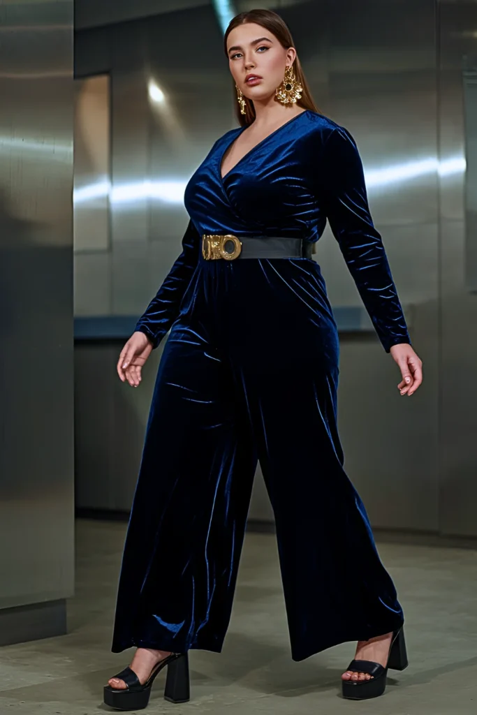 Midnight Blue Velvet Jumpsuit With Wide-Leg Silhouette