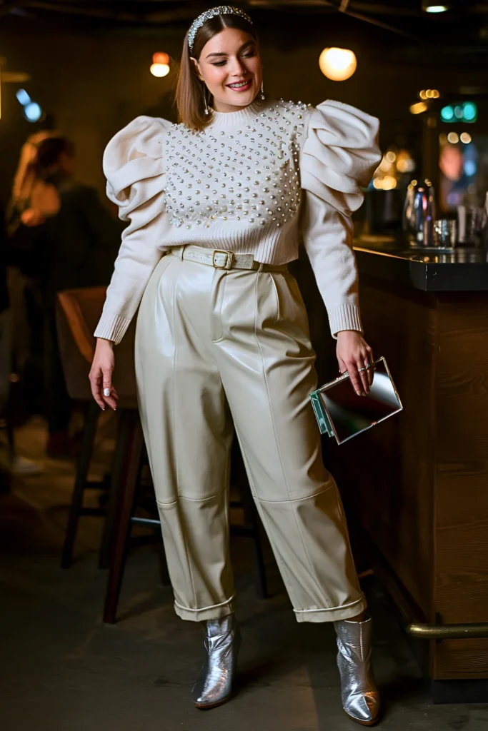 Pearl-Studded White Sweater with Cream Leather Pants