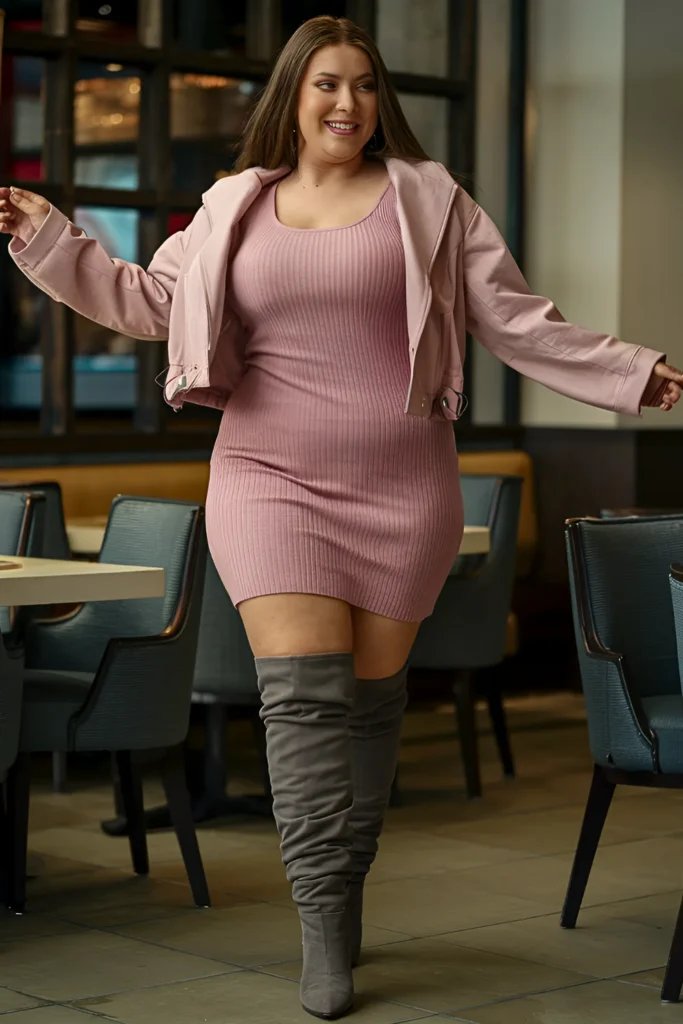 Pink Knit Dress with Knee-High Boots