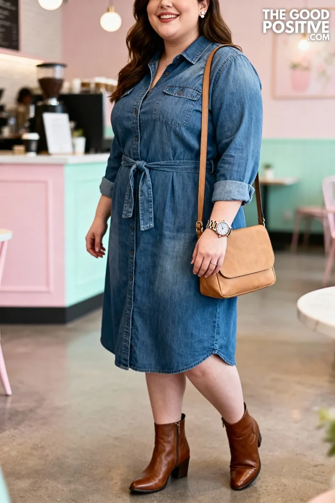 Plus Size Belted Shirt Dress in Chambray Outfit