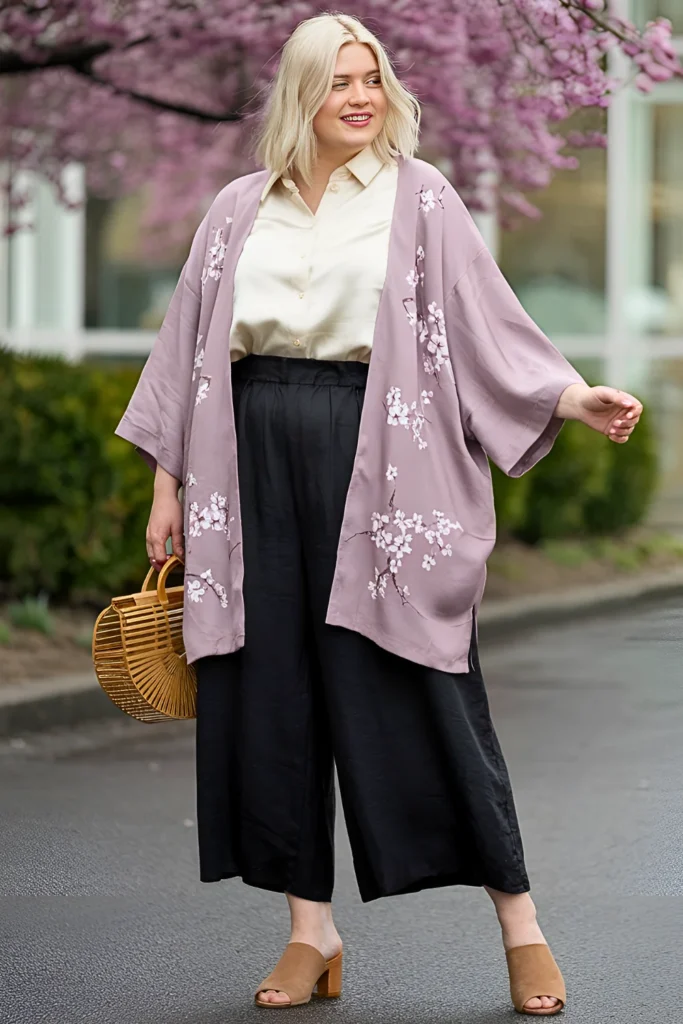 Plus Size Black Linen Culottes, Cream Silk Button-Up and Mauve Cherry Blossom Kimono Spring Outfit