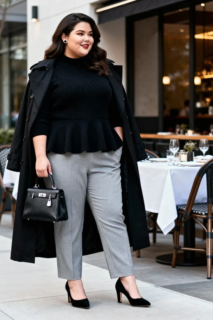 Plus Size Black Peplum Top and Gray Pants Outfit