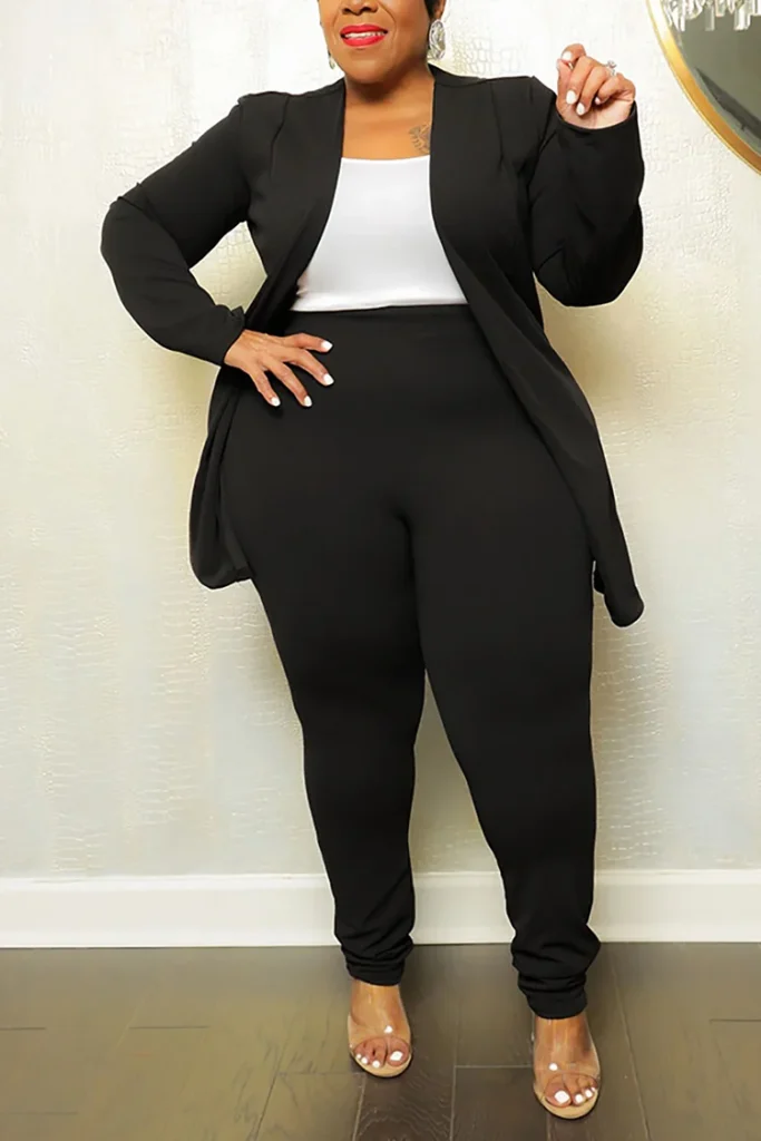 Plus Size Black Work Casual Two Pieces Blazer Set