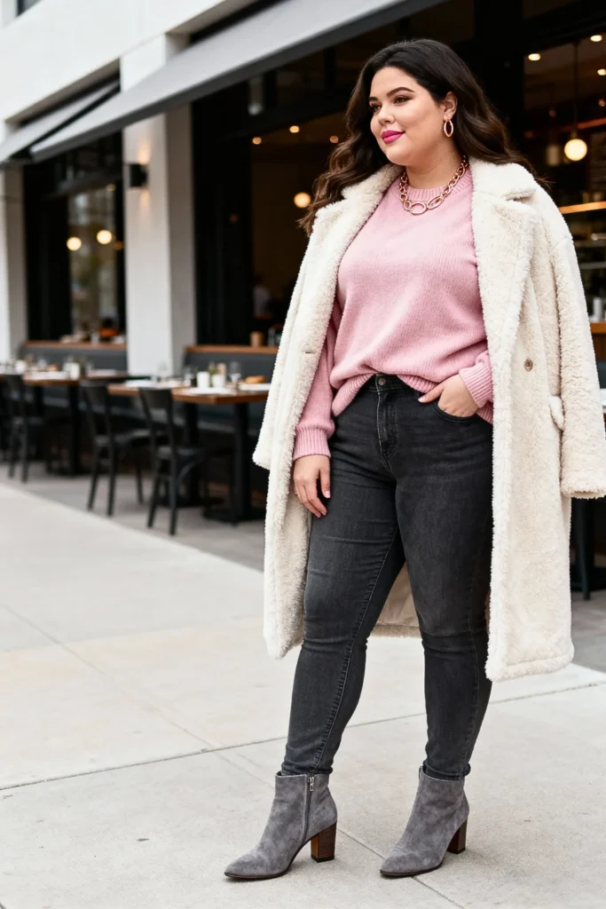 Plus Size Blush Sweater and Dark Gray Jeans Outfit