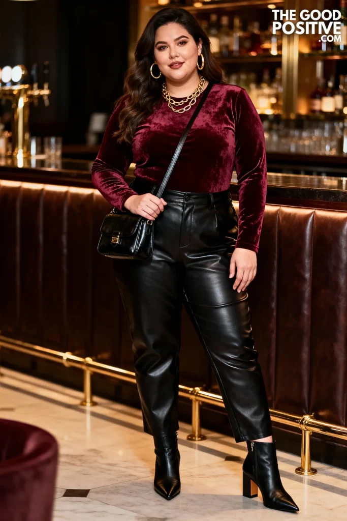 Plus Size Burgundy Velvet Bodysuit With Faux Leather Pants Outfit