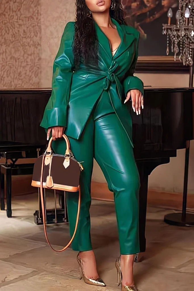 Plus Size Business Casual Green Turndown Collar Long Sleeve Pocket PU Leather Two Piece Pant Suit