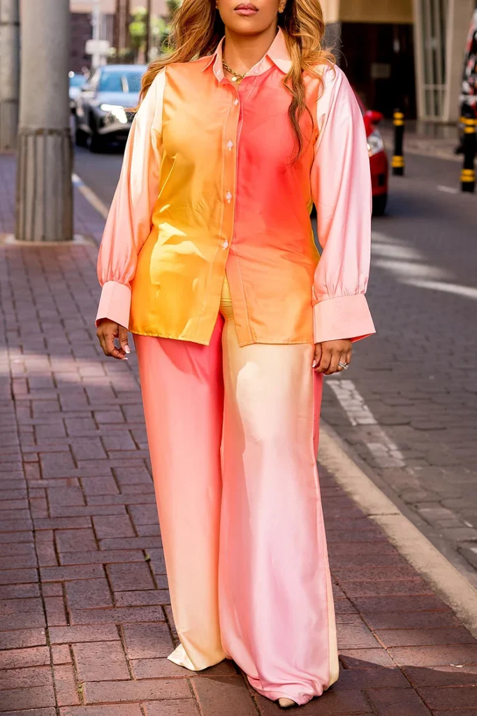 Plus Size Business Casual Multicolor Gradient Shirt Collar Long Sleeve Satin Two Piece Pant Set