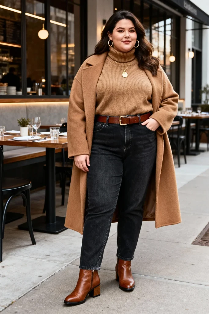 Plus Size Camel Turtleneck and Dark Denim Outfit