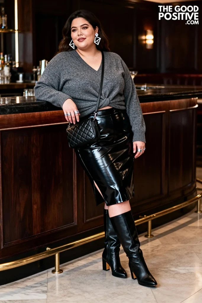 Plus Size Charcoal Cashmere Sweater With Vinyl Pencil Skirt Outfit