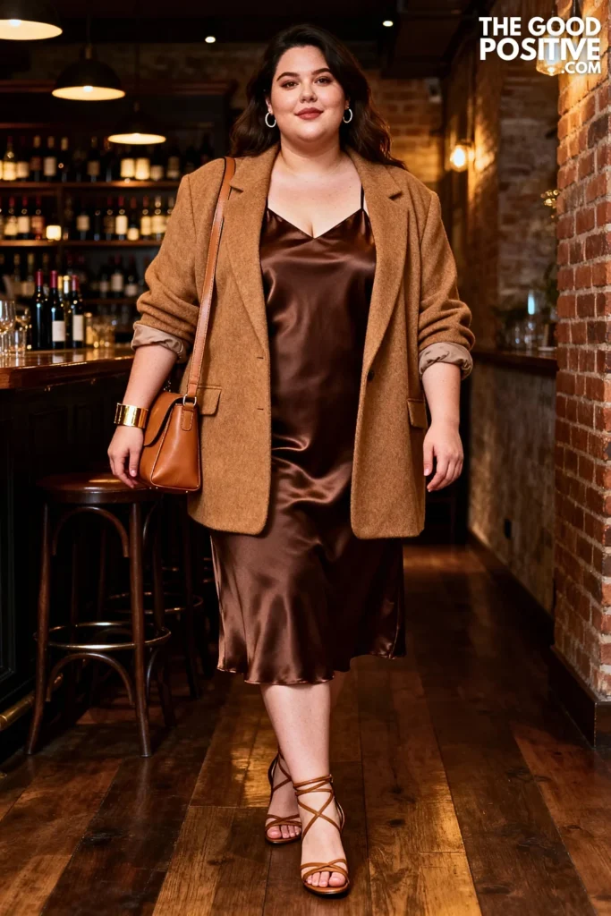 Plus Size Chocolate Brown Satin Slip Dress With Oversized Blazer Outfit