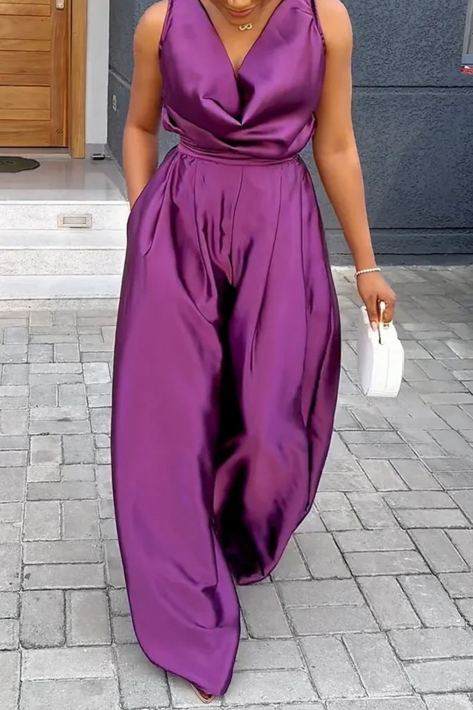 Plus Size Cocktail Party Purple Cowl Neck Pocket Satin Jumpsuit