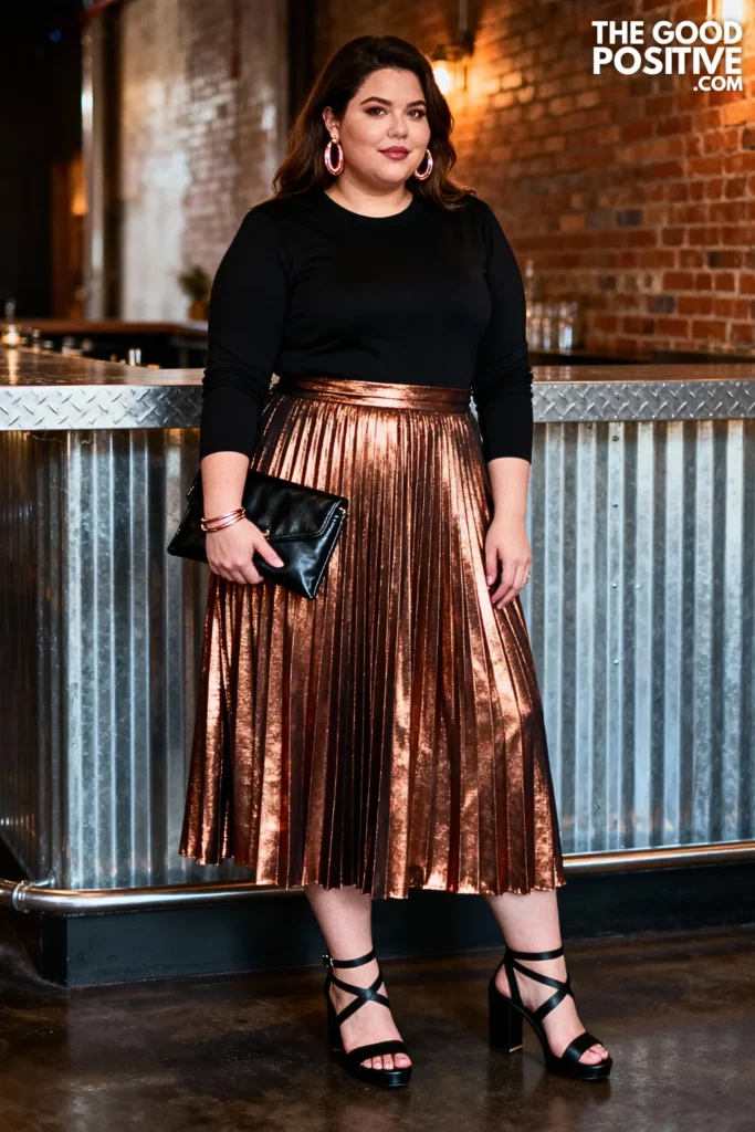 Plus Size Copper Metallic Pleated Maxi Skirt With Black Bodysuit Outfit