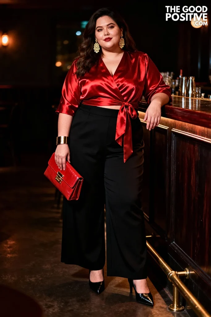 Plus Size Crimson Red Wrap Top With Black Wide-Leg Pants Outfit