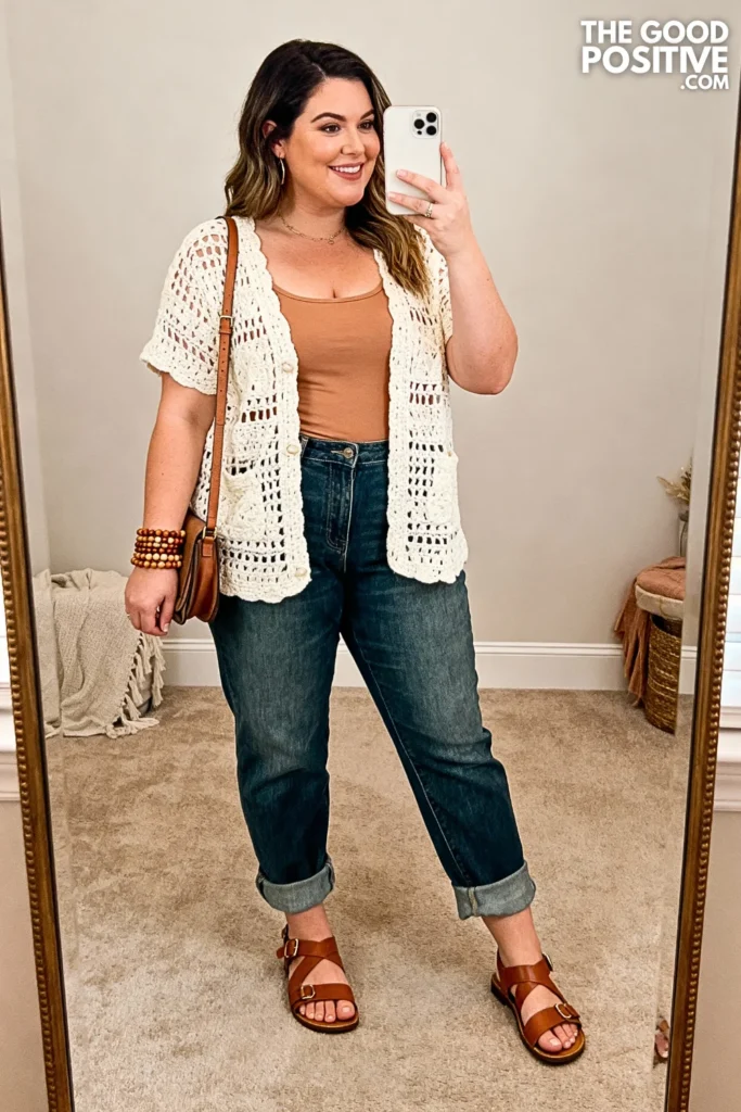 Plus Size Crochet Vest with Camisole and Jeans Outfit