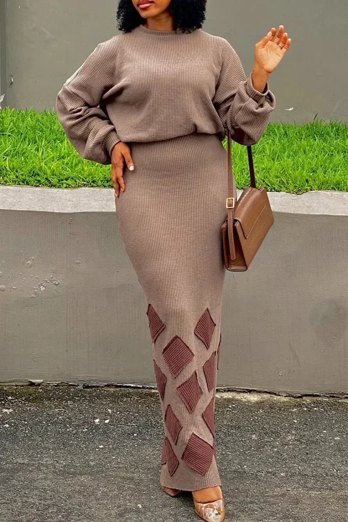 Plus Size Daily Khaki Round Neck Lantern Sleeve Long Sleeve Bodycon Two Piece Skirt Set