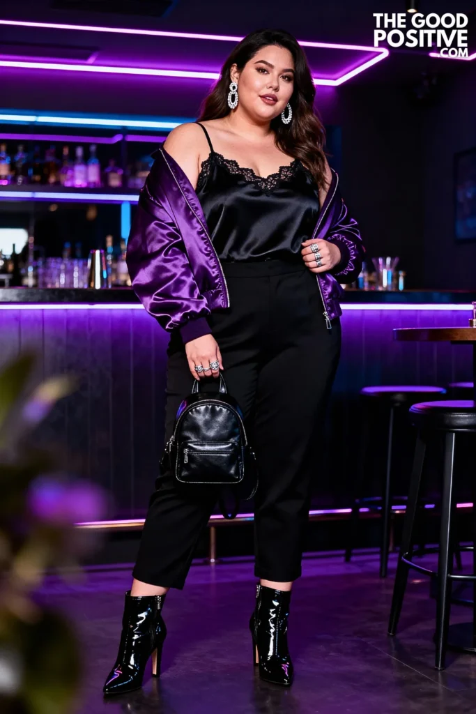 Plus Size Deep Purple Satin Bomber Jacket With Black Silk Cami Outfit