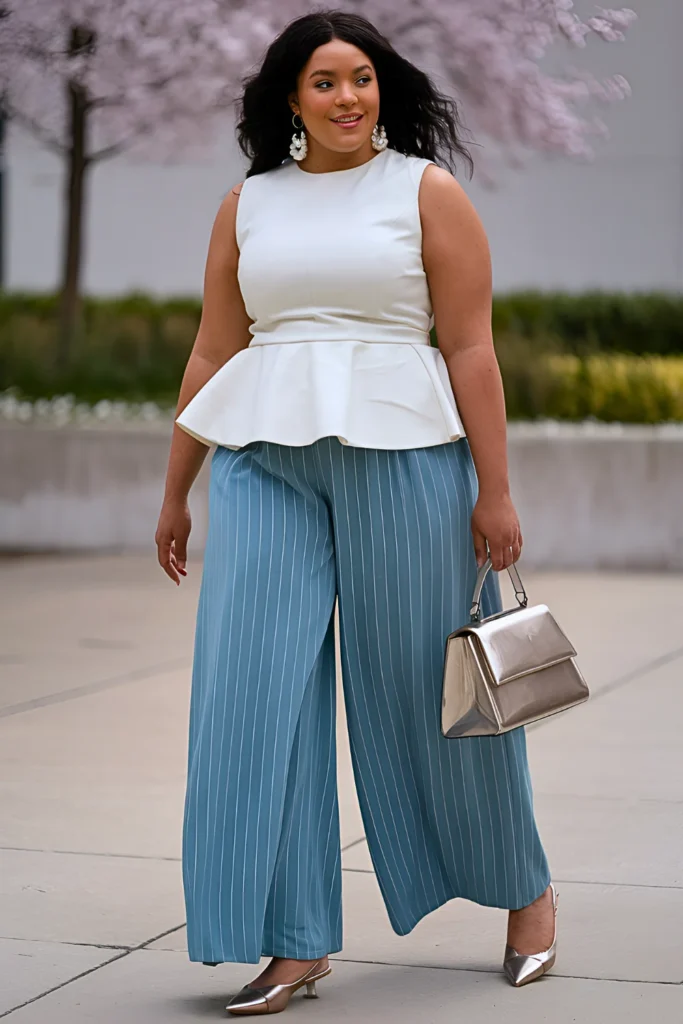 Plus Size Dusty Blue Pinstripe Palazzo Pants, Ivory Peplum Top and Silver Slingbacks Spring Outfit