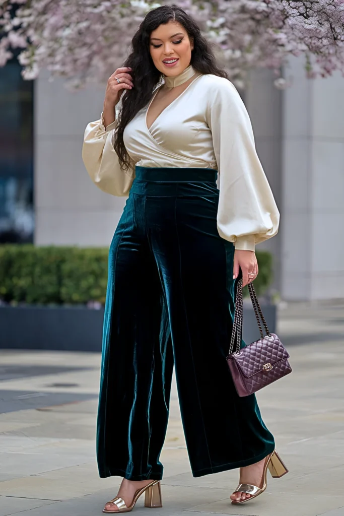 Plus Size Emerald Velvet Wide-Leg Pants with Cream Balloon Sleeve Wrap Blouse Spring Outfit