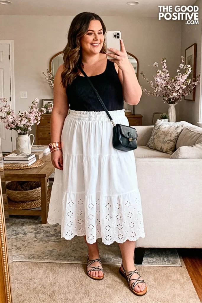 Plus Size Eyelet Cotton Skirt with Fitted Tank Top Outfit