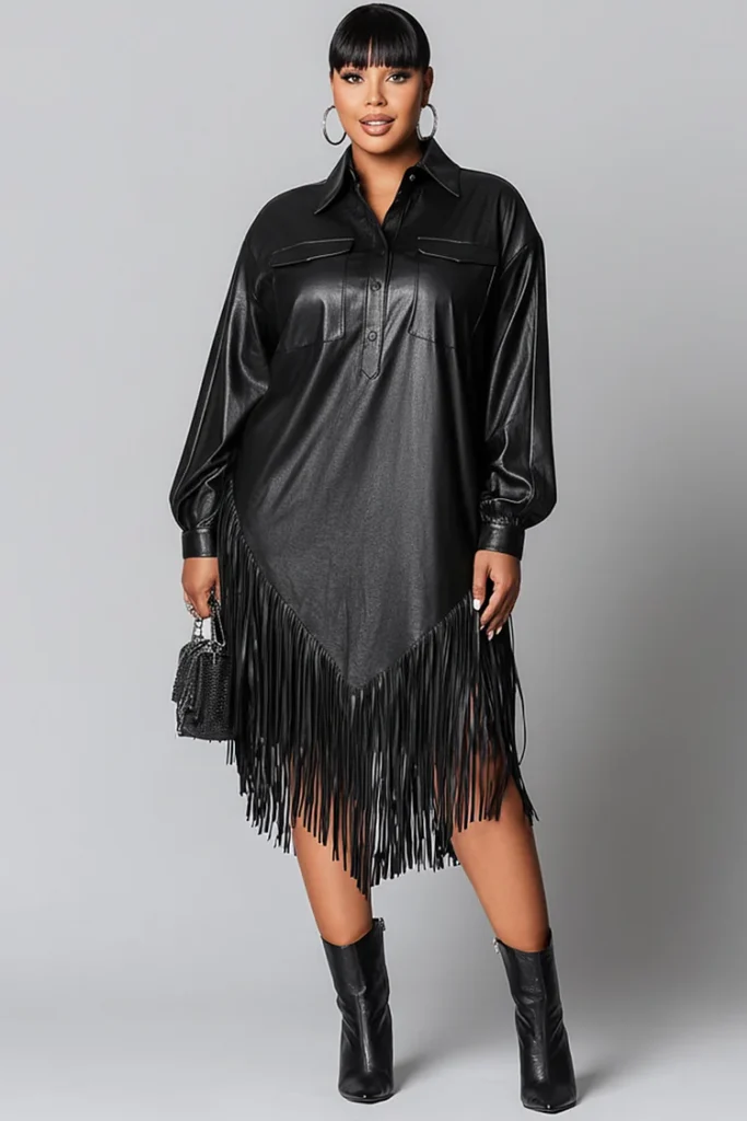 Plus Size Festival Black Shirt Collar Long Sleeve Strappy Elegant PU Leather Midi Dress