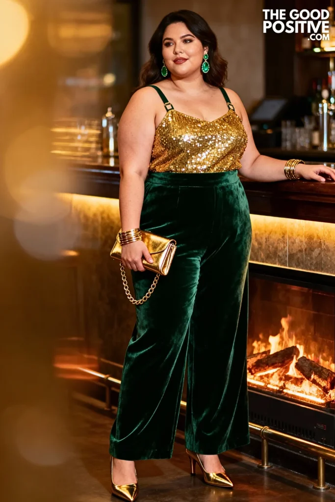 Plus Size Forest Green Velvet Pants With Gold Sequin Cami Outfit