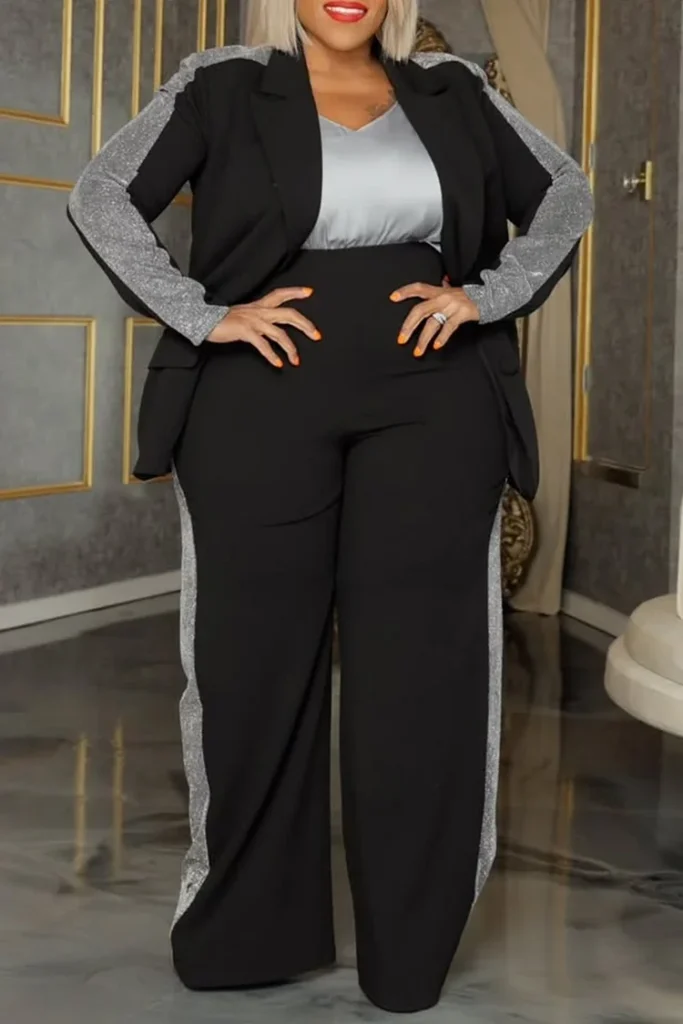 Plus Size Formal Black Lapel Collar Long Sleeve Contrast Two Piece Pant Suit