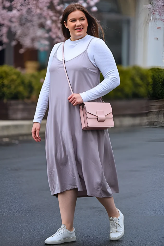 Plus Size Grey Midi Slip with White Ribbed Long-Sleeve Spring Outfit