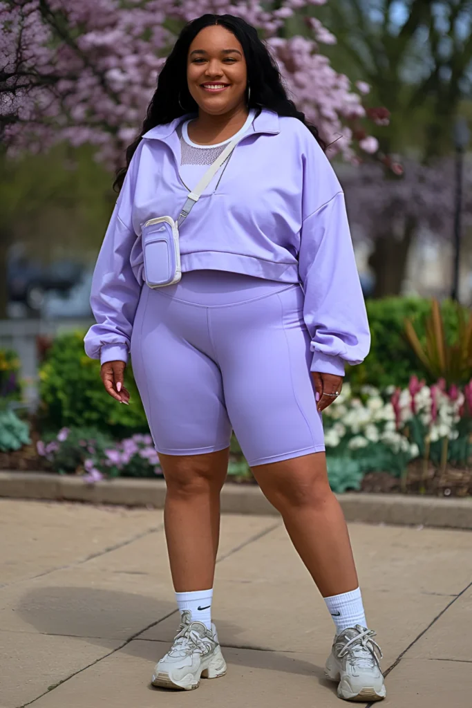 Plus Size Lavender Bike Shorts Set with White Mesh Tank Spring Outfit