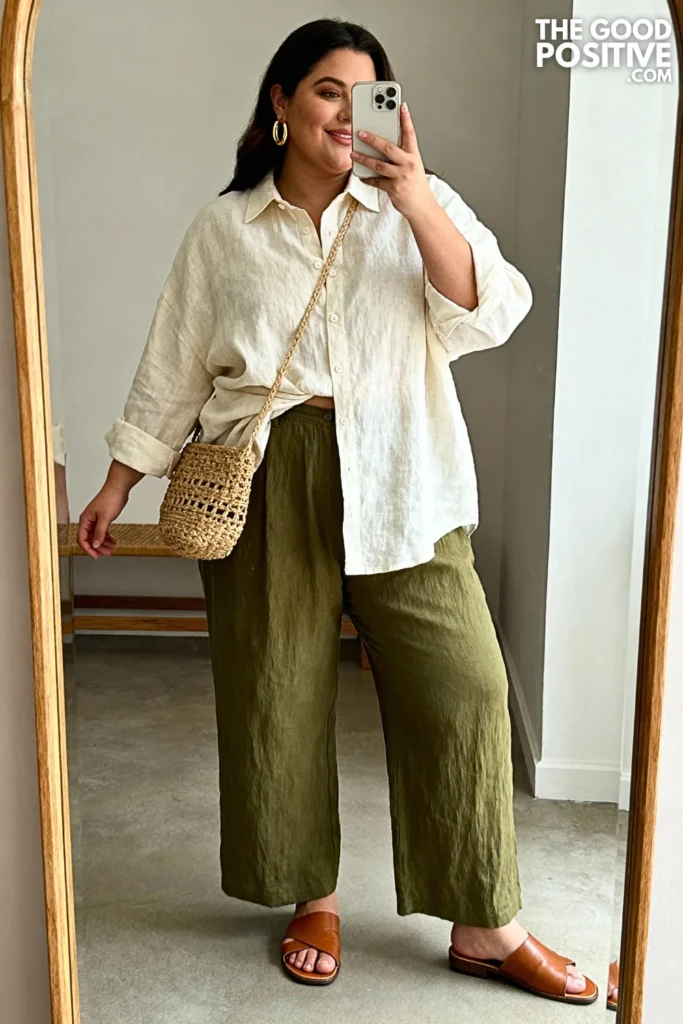 Plus Size Linen Button-Down Shirt with Wide-Leg Trousers Outfit