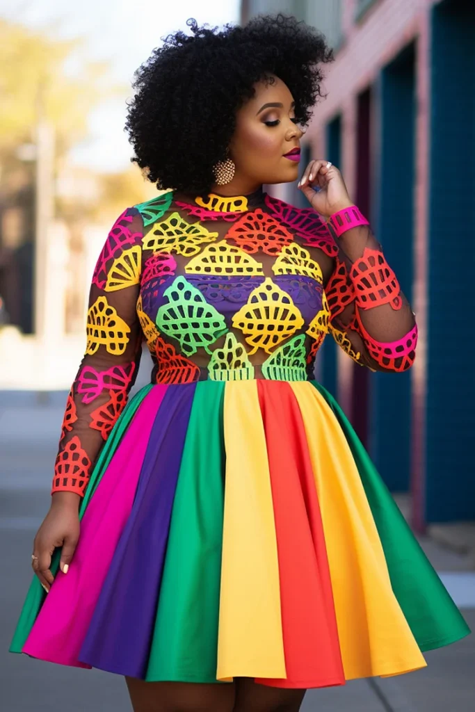 Plus Size Mardi Gras Rainbow Colorblock Round Neck Long Sleeve See Through Mini Dress