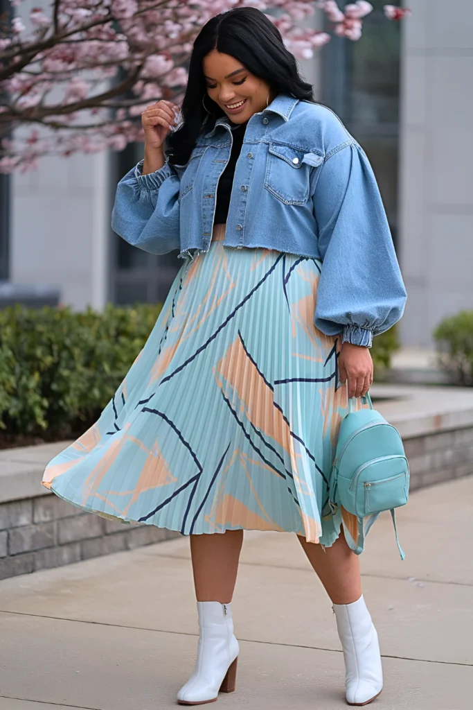 Plus Size Mint Geometric Pleated Skirt with Cropped Denim Balloon Jacket Spring Outfit