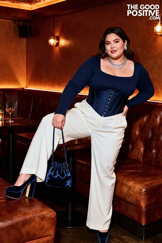 Plus Size Navy Blue Knit Corset Top With Wide-Leg Trousers Outfit