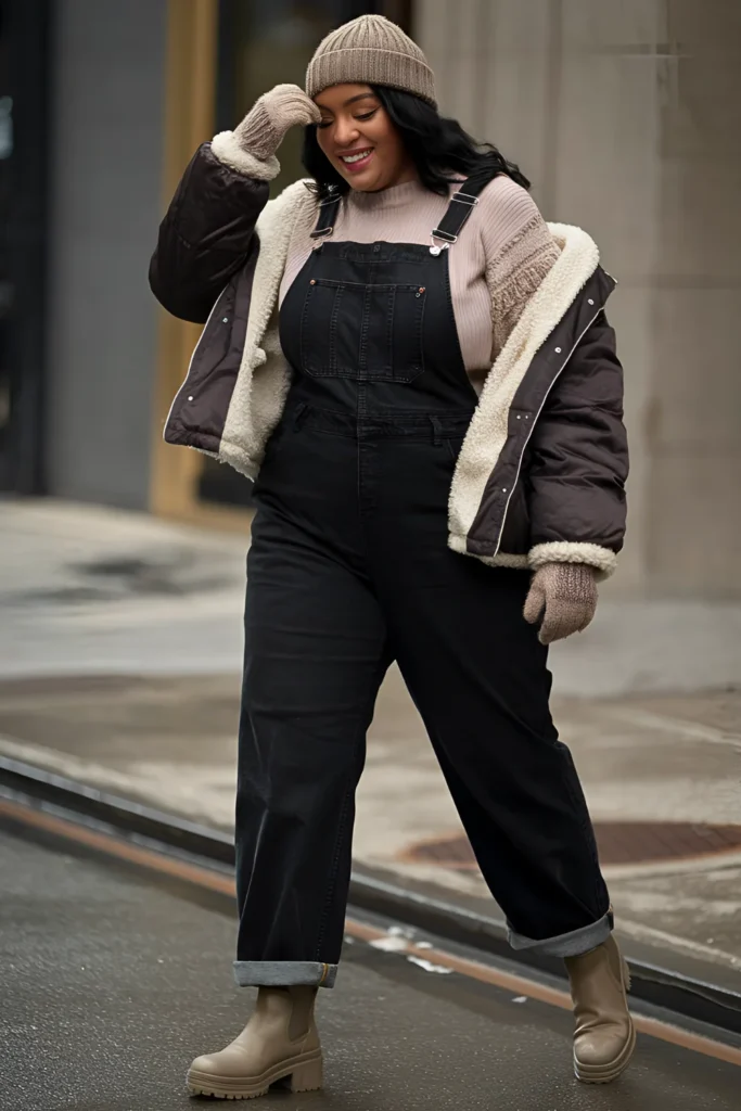 Plus Size New York Black Denim Overalls and Puff-Sleeve Sweater Outfit