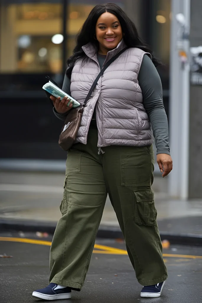 Plus Size New York Cargo Pants and a Puffy Vest Outfit