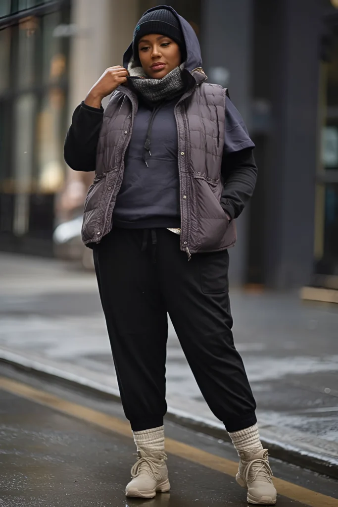 Plus Size New York Fleece-lined Black Joggers and Lug Boots Outfit